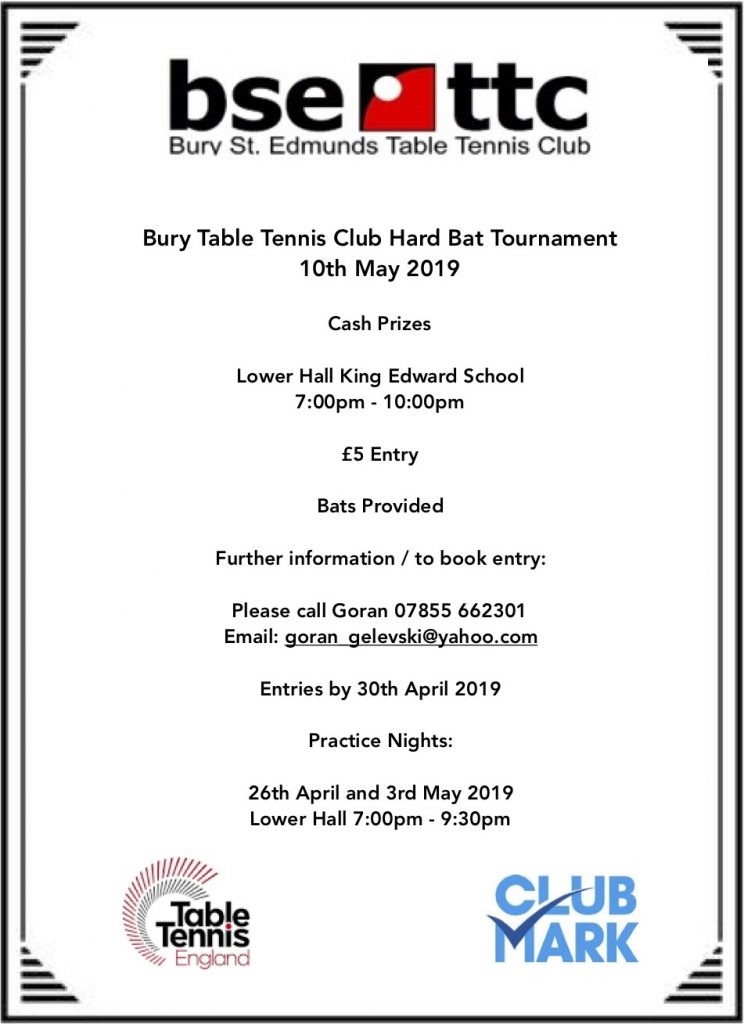 Bury TT hard bat tournament 2019 flyer